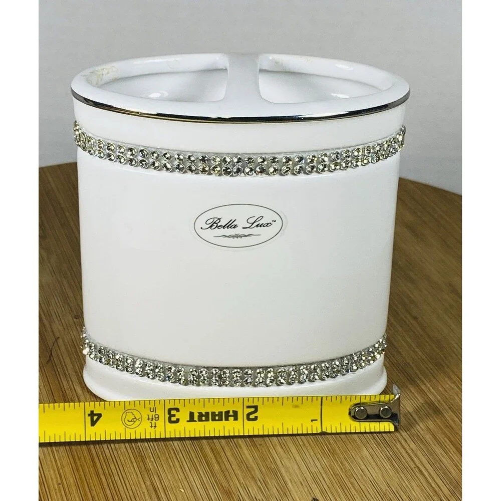 Bella Lux White Ceramic Toothbrush Holder, Silver Rhinestone Bands, Glossy Glam